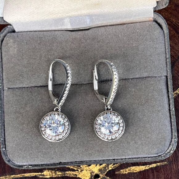 Sterling Silver Dangle Earrings Hoops with rhinestone sparkle Signed IBB - Picture 1 of 10